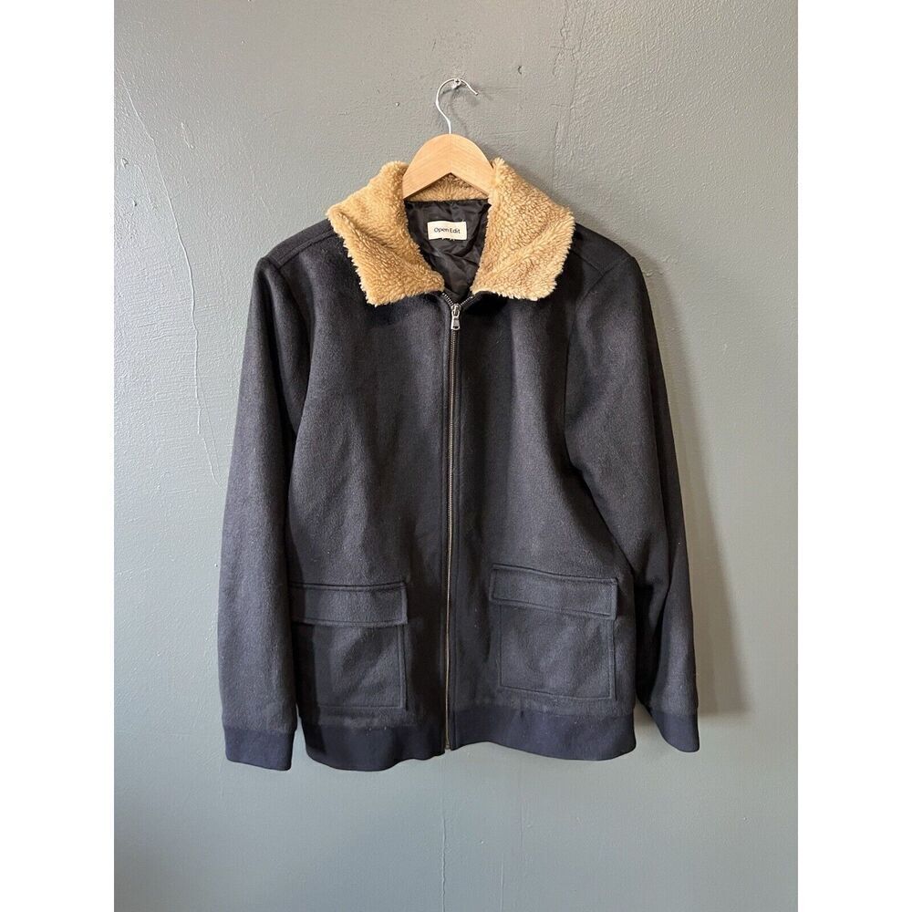 Open Edit Mens Black Full Zip Sherpa Neck Wool Jacket Size L